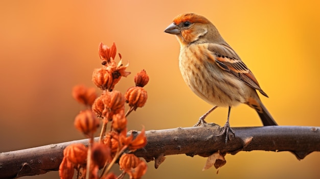 Een levendige vink die op een tak met oranje bloemen zit