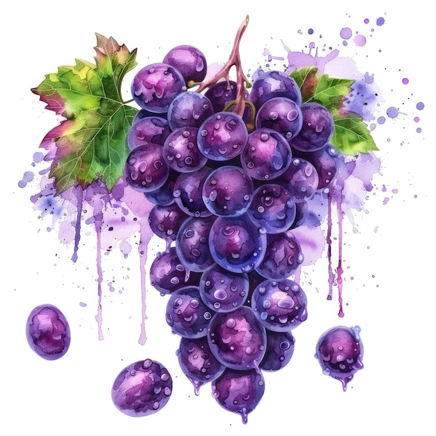 Een levendige waterverf afbeelding van een druivenbundel met druppels