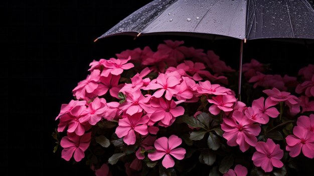 Een levendige weergave van roze bloemen onder een contrasterende zwarte paraplu