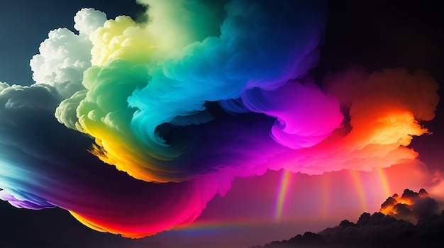 Een levendige wervelende rookwolk verlicht door een spectrum van regenboogtinten