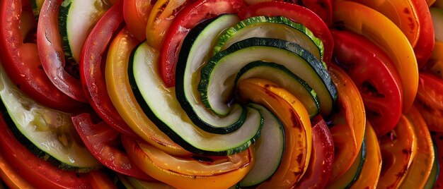 Een levendige werveling van kleurrijke groenten, waaronder rode paprika's, broccoli bloemen, kersen, tomaten en groene bonen, windt zijn weg naar buiten vanaf een centraal punt.