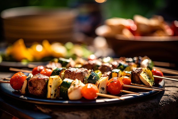 Een levendige zomerse BBQ-feestscène met de focus op sissend vlees dat op de barbecue grilt