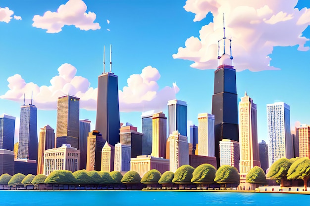 Een levendige, zonovergoten skyline van Chicago met de iconische Willis Tower hoog in het midden