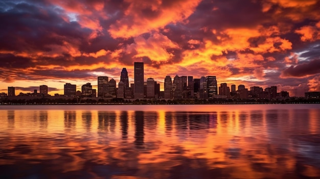 Een levendige zonsondergang boven een door AI gegenereerde skyline van een stad