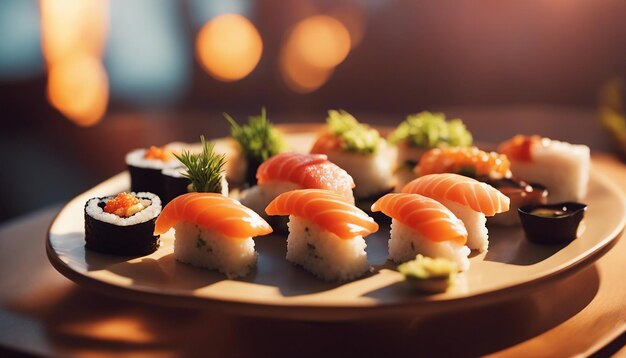 Een levendige zonsondergang met sushi creatief gerangschikt op een bord