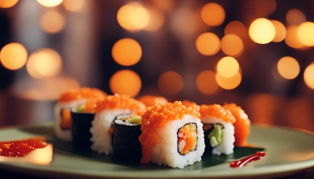 Een levendige zonsondergang met sushi creatief gerangschikt op een bord