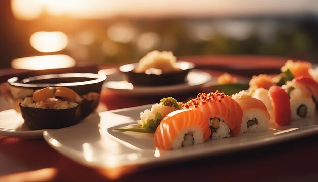 Foto een levendige zonsondergang met sushi creatief gerangschikt op een bord