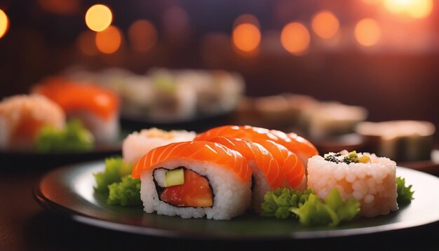 Een levendige zonsondergang met sushi creatief gerangschikt op een bord