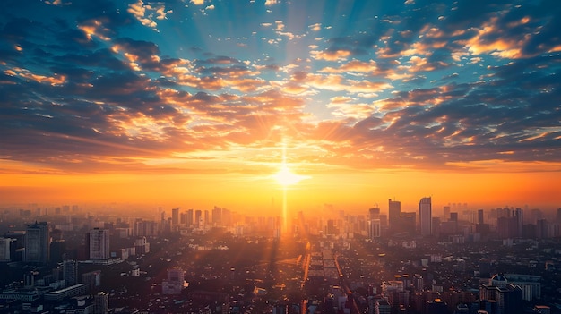 Een levendige zonsondergang over de skyline van de stad