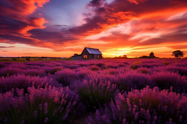 Foto een levendige zonsondergang over een lavendelveld met een schuur in de verte.