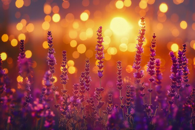 Een levendige zonsondergang verlicht een veld van lavendel met de bloemen die zich koelen in het zachte avondlicht