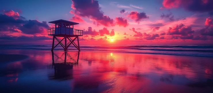 Foto een levendige zonsopgang over het oceaanstrand met een reddingstoren.