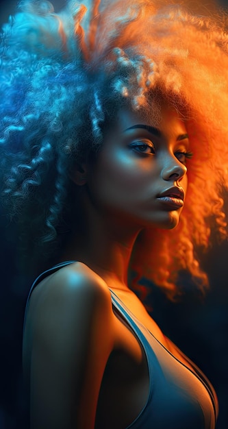 Een levendige zwarte vrouw met een afro kapsel levendige oranje teal kleur lichten