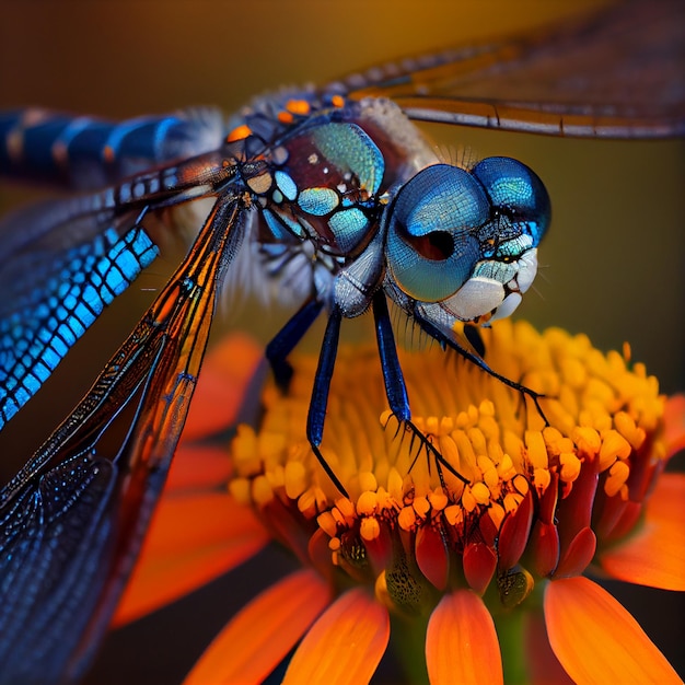 Een libel met blauwe ogen en blauwe ogen zit op een bloem.