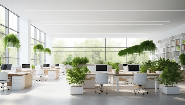 Een licht modern kantoorinterieur met panoramische ramen en veel groen
