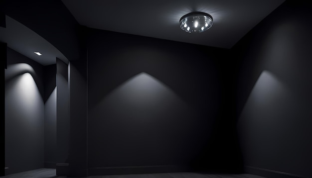 een licht op een zwarte muur schijnt op een donkere kamer