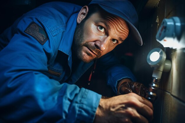 Foto een licht schijnen op de reparatie loodgieters in actie in de badkamer