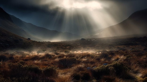 Een licht schijnt door de wolken boven een bergketen.