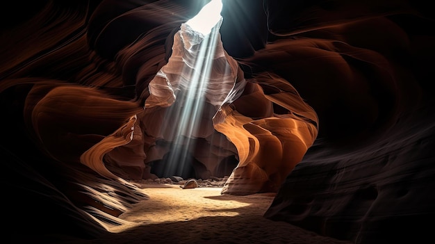 Een licht schijnt door een grot die wordt verlicht met een lichtstraal.