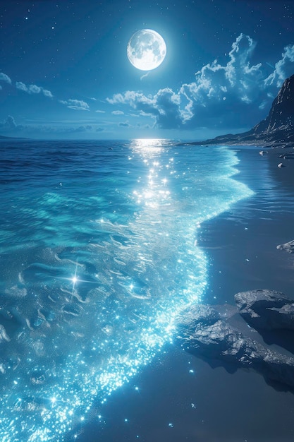 Een lichtblauw strand versierd met gekleurd gloeiend glas serene oceaan maanlicht en fonkelende sterren