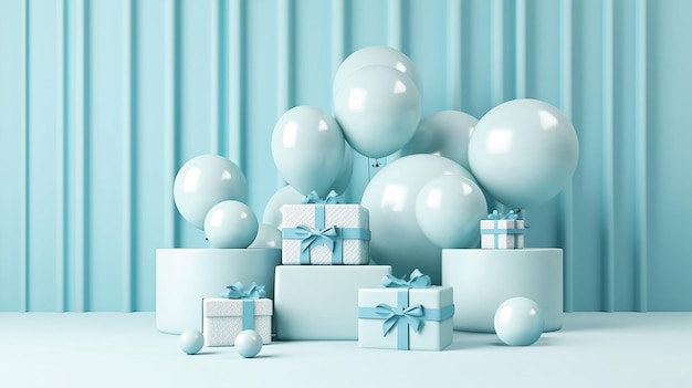 Een lichtblauwe achtergrond met ballonnen en geschenkdoos