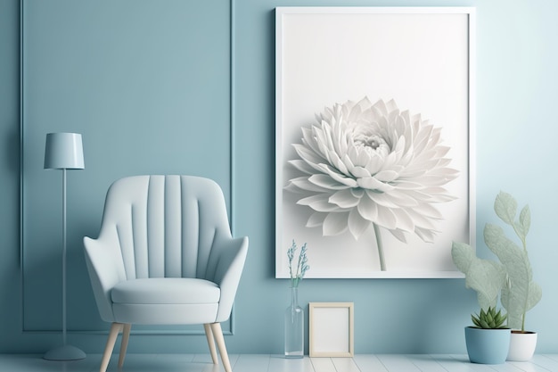 Een lichtblauwe woonkamer heeft een witte stoel met een enorm wit frame en een levendige minimalistische ontwerpstijl met pastelkleuren