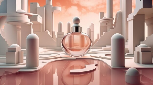 Een lichte achtergrond die de schoonheid van parfumverpakkingen op een door AI gegenereerde geometrische catwalk benadrukt
