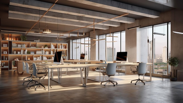 Een lichte open kantoorruimte met een grote open ruimte met een grote boekenplank en een houten plank met boekenplanken.