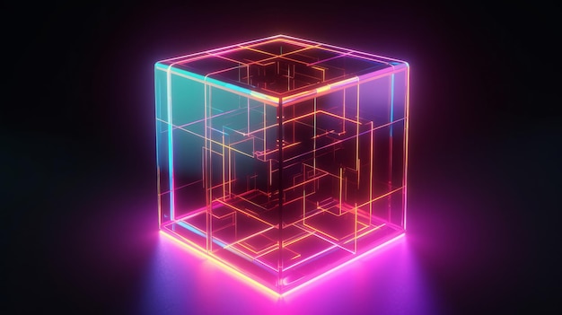 Foto een lichtgevende kubus die in een donkere leegte zweeft generatieve ai