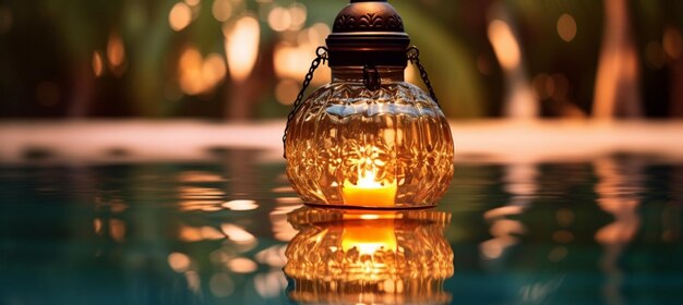 Een lichtgevende Ramadan glazen lantaarn 's nachts zwevend boven een plas water met een achtergrond van palmbomen