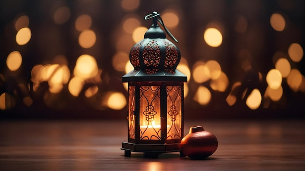 Een lichtgevende Ramadan Kareem kaart met een gloeiende lantaarn