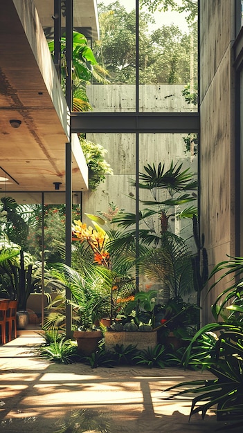 Foto een lichtgevulde kamer met gekanteld dak, tropische planten en glazen muren, opgenomen met een nikon d700