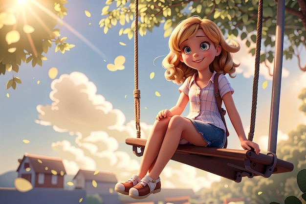 Een lief en onschuldig cartoon meisje zit op een schommel met een tevreden glimlach op haar gezicht als de zon s