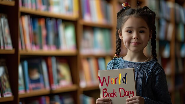 Een lief klein kind in een bibliotheek met een World Book Day banner Generative AI