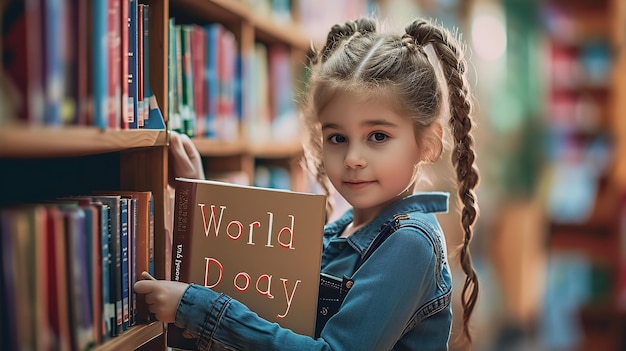 Een lief klein kind in een bibliotheek met een World Book Day banner Generative AI