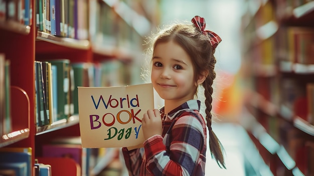 Een lief klein kind in een bibliotheek met een World Book Day banner Generative AI