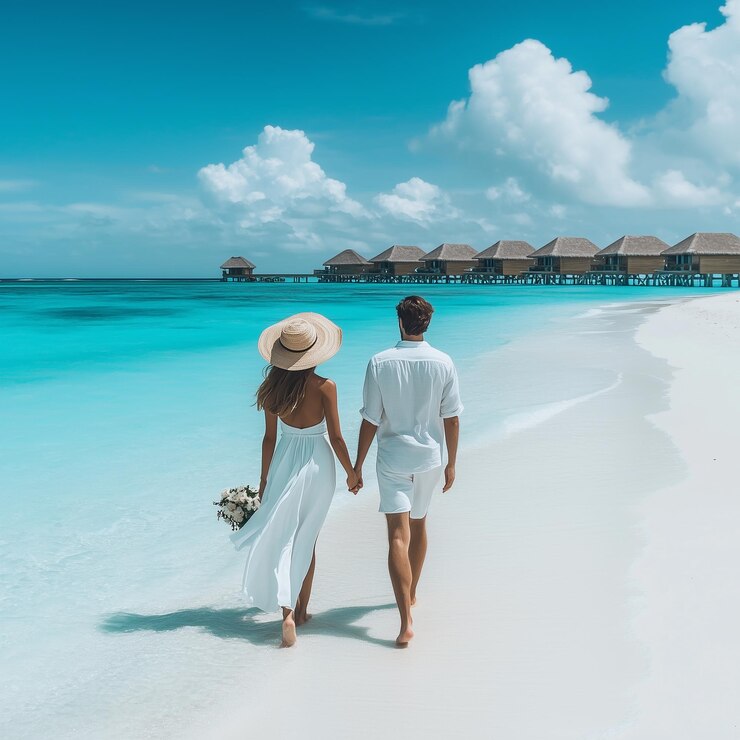 Foto een lief koppel loopt hand in hand op een strand.
