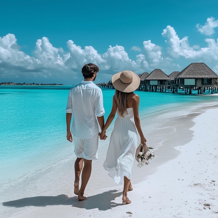 Foto een lief koppel loopt hand in hand op een strand.