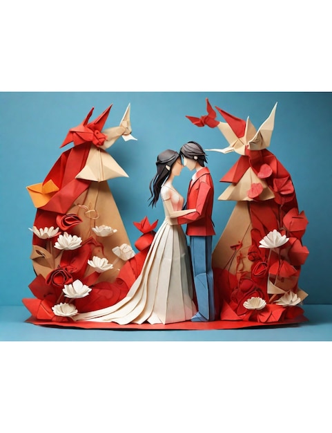 Foto een liefdespaar gecreëerd door origami kunst