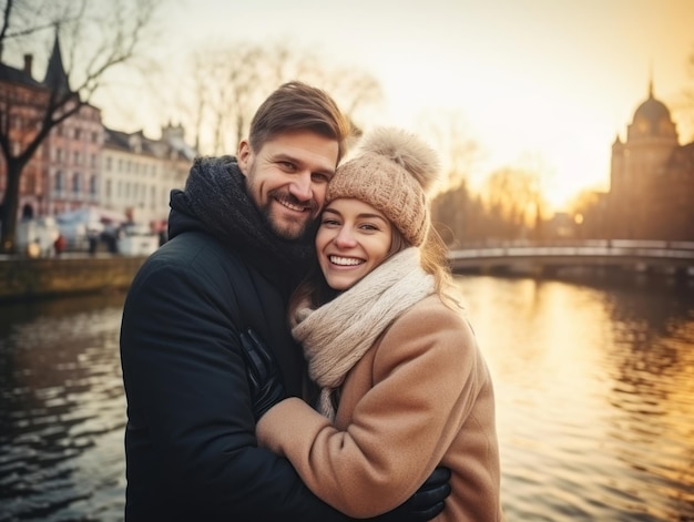 Een liefdespaar geniet van een romantische winterdag.