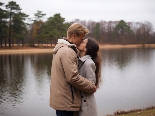 Een liefdespaar geniet van een romantische winterdag.