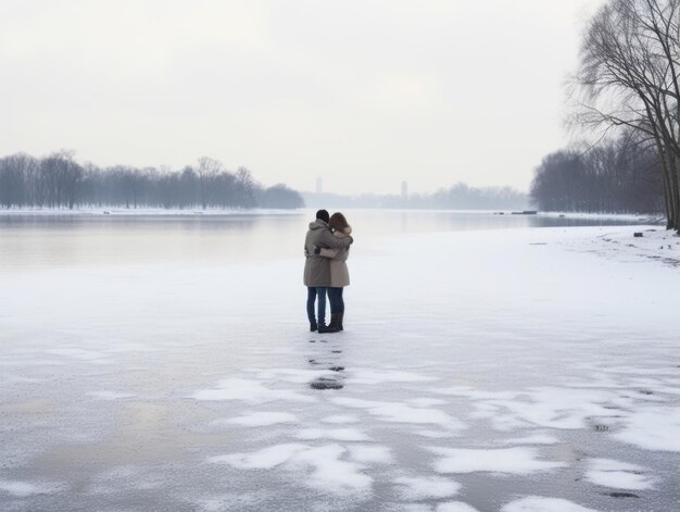 Een liefdespaar geniet van een romantische winterdag.