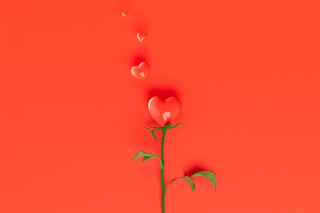 Een liefdesverklaring een geschenk in de vorm van een roos met een hartje en kleine hartjes op een rode achtergrond