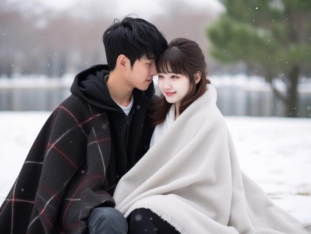 Een liefdevol Aziatisch stel geniet van een romantische winterdag