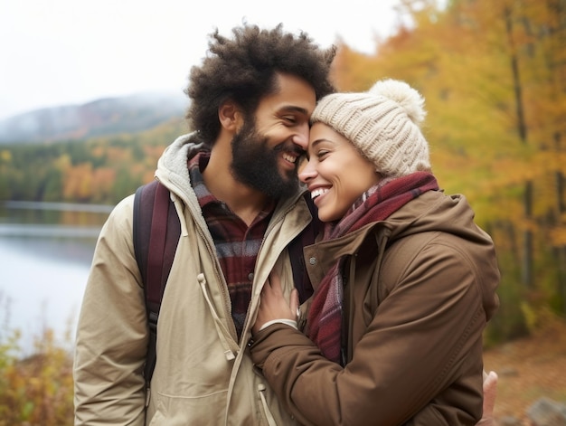 Een liefdevol interraciaal stel geniet van een romantische herfstdag