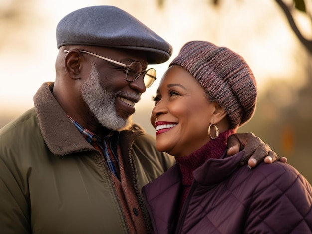 Een liefdevol oud Afrikaans-Amerikaans echtpaar geniet van een romantische winterdag