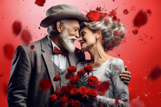 Een liefdevolle oudere echtpaar in een levendige achtergrond Valentijnsdag concept