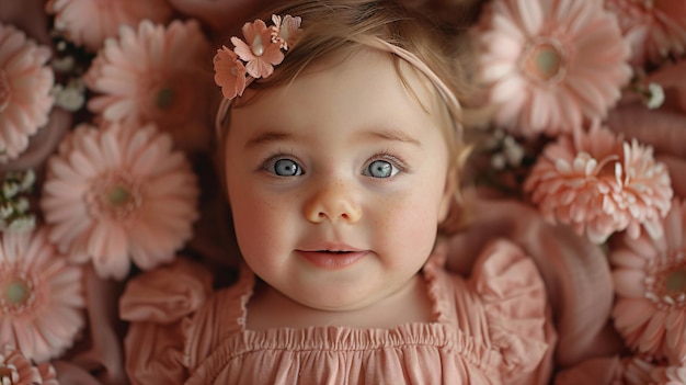 Een liefelijk baby meisje in een roze outfit met een bloei in haar haar ziet er tevreden uit terwijl ze op haar rug ligt