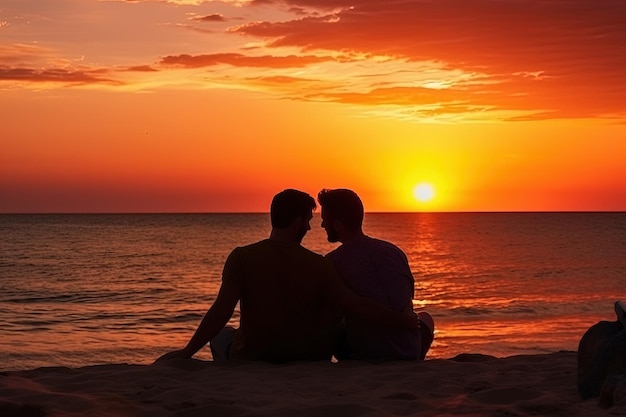 Een liefhebbend homoseksueel stel zit samen op het strand bij zonsondergang.