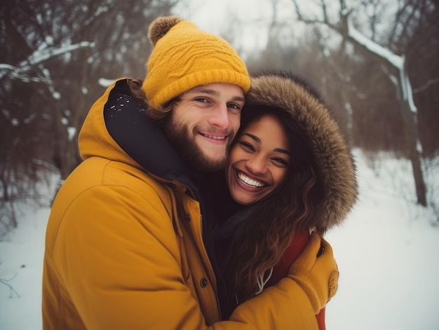 Een liefhebbend koppel van verschillende rassen geniet van een romantische winterdag.